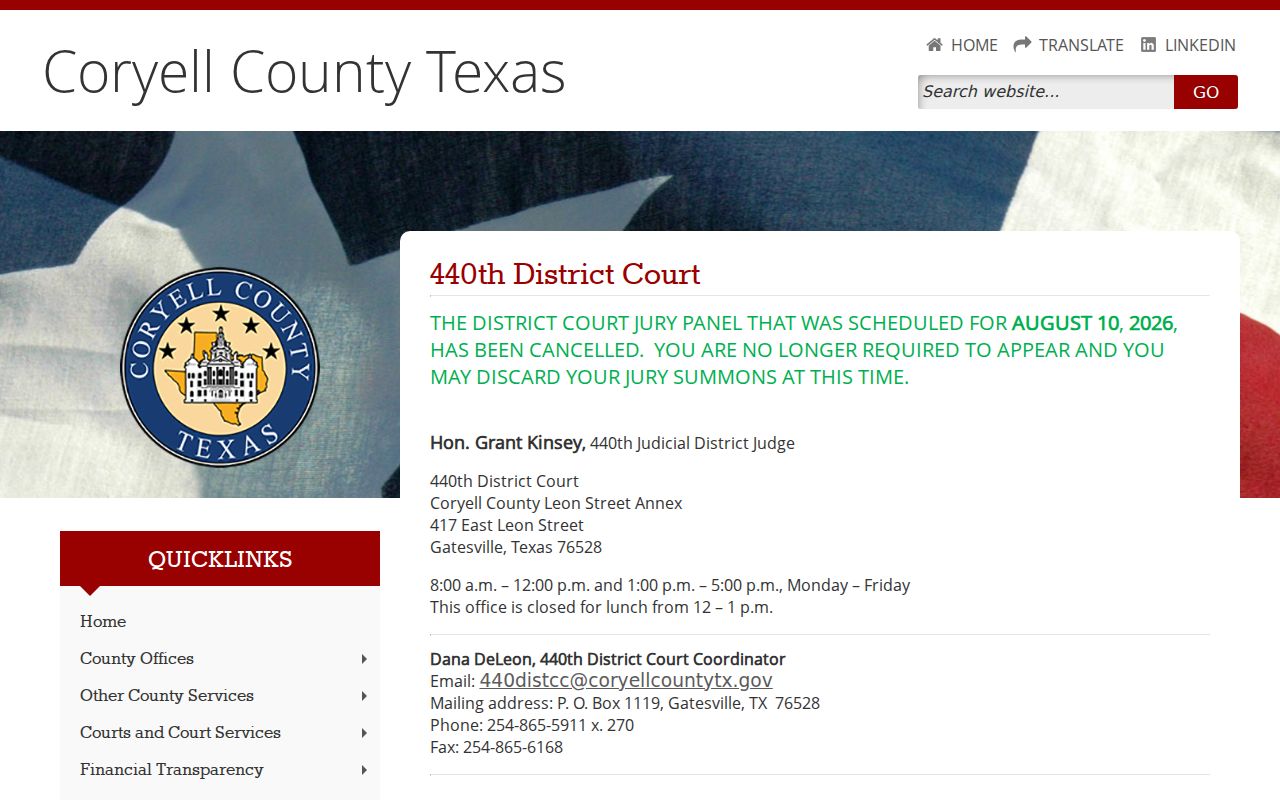 Coryell County court docket links for the 440th District Court