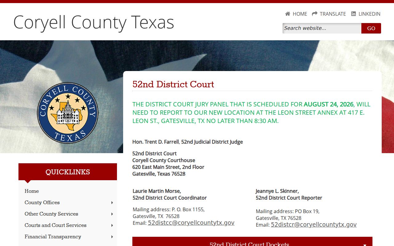 Coryell County court docket archive for the 52nd District Court